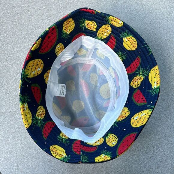 NWT Tropical Beach Bucket Sun Hat Navy Red Yellow Watermelon Pineapple One Size - Picture 6 of 8